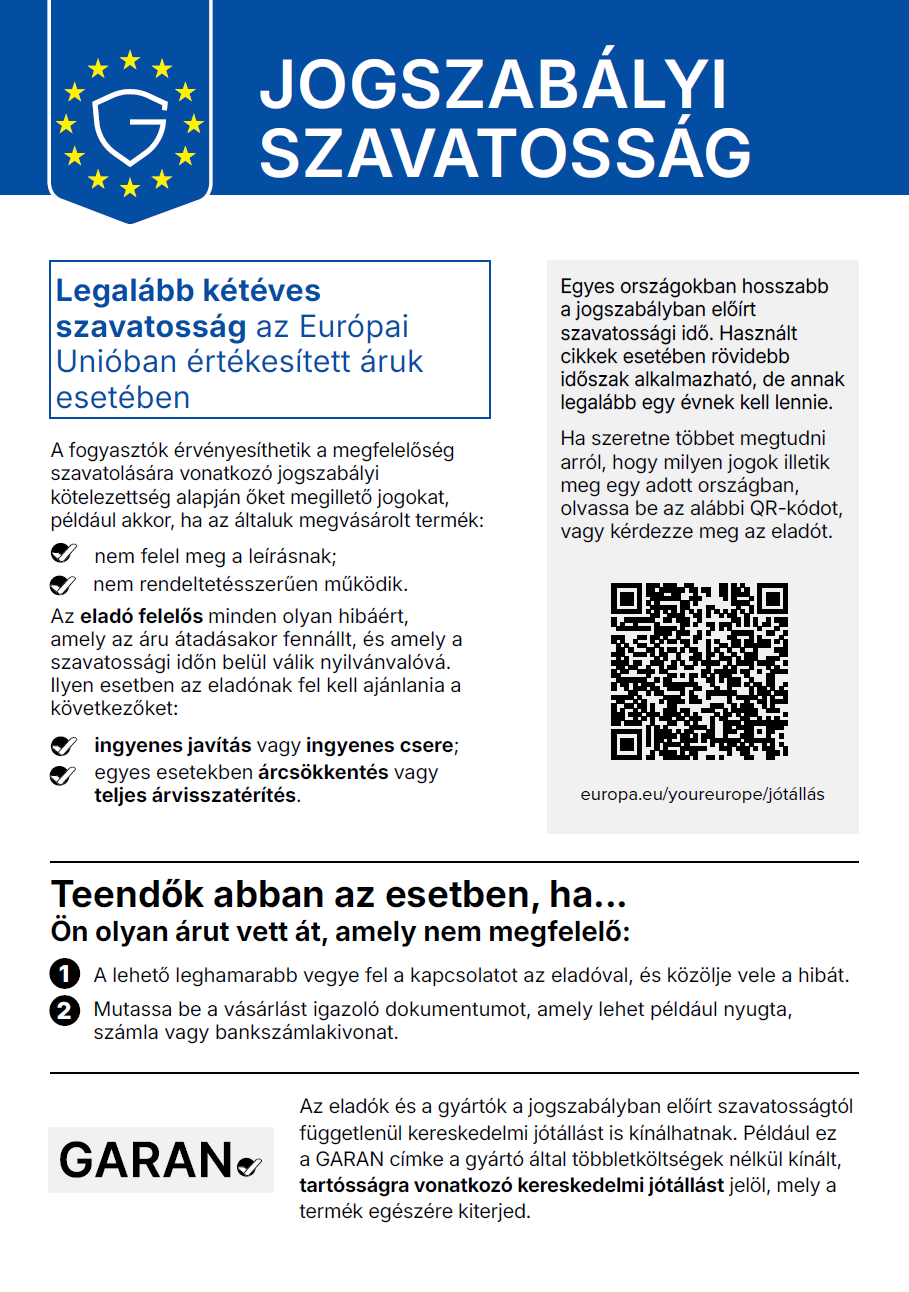 Az Európai Unió hivatalos tájékoztatója a törvényes jótállásról